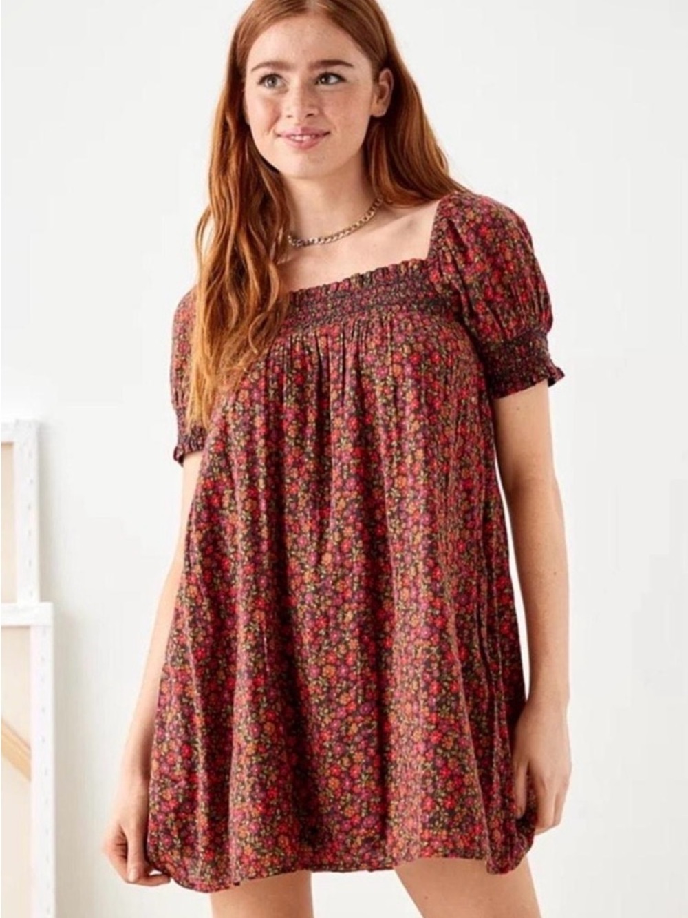 American Eagle Outfitters Burgundy Floral Smocked Mini Dress